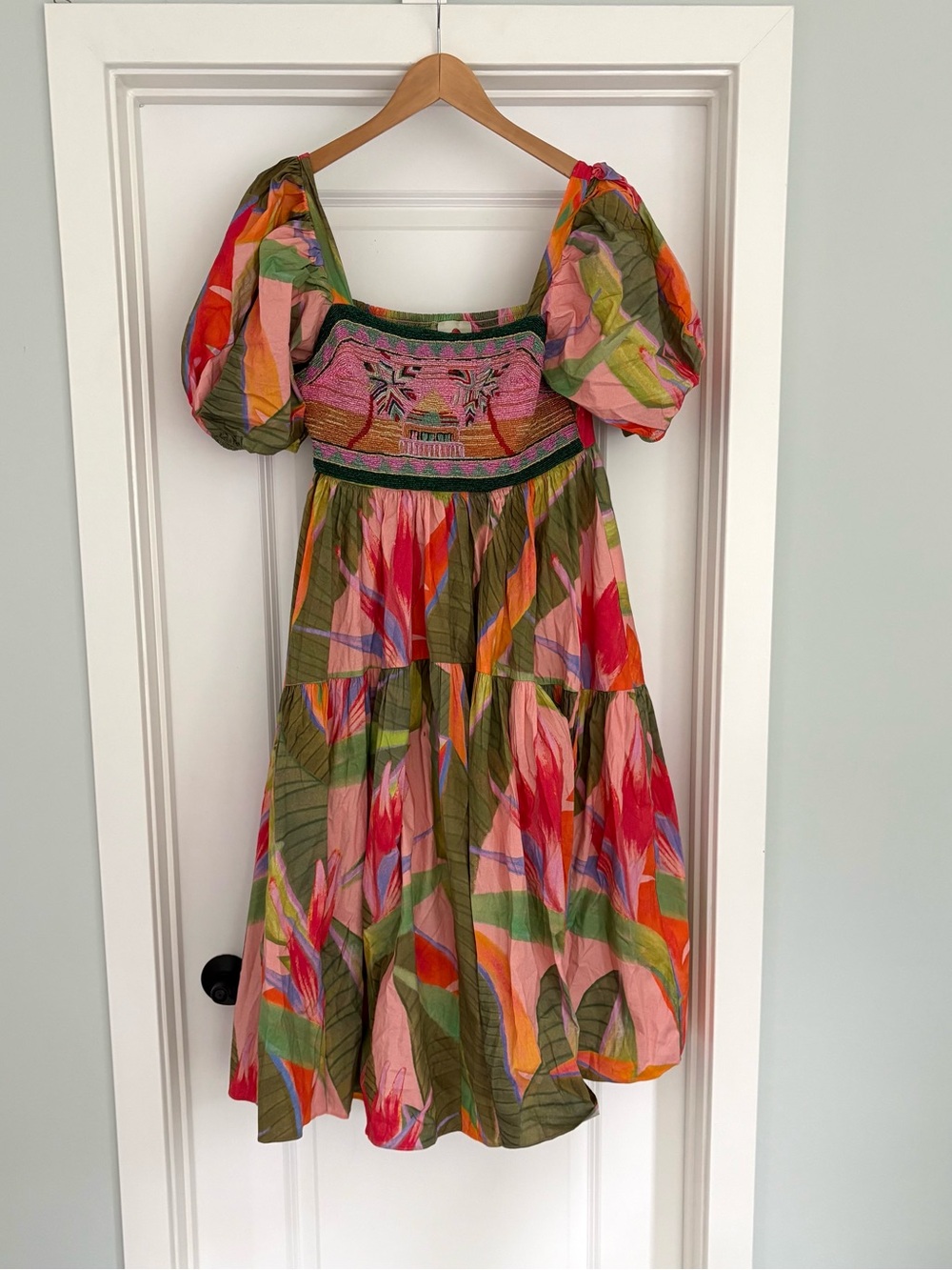 Farm Rio Pink Garden Beaded Embroidered Midi Dress M - Picture 2 of 7